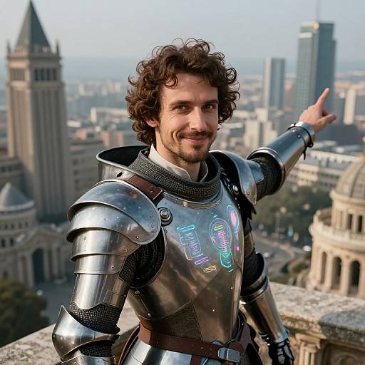 Photograph of a smiling, curly-haired man in shiny, medieval-style silver armor with holographic symbols, pointing, against a blurred cityscape background.