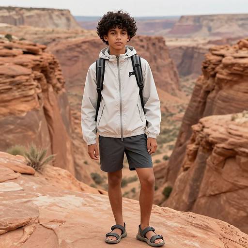 Photograph of a young boy with curly black hair, wearing a white jacket, black shorts, backpack, and sandals, standing on a red rock in