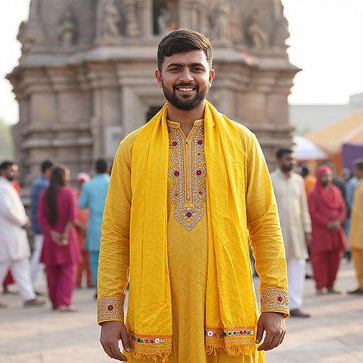 Photograph of a bearded Indian man with dark hair, wearing a bright yellow traditional kurta and scarf, smiling in front of a blurred temple with