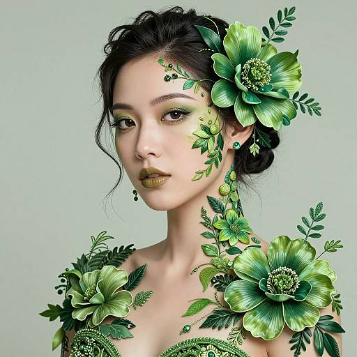 Digital art portrait of an Asian woman with green floral headpiece, flowers on shoulders, green lipstick, and leafy earrings, against a light blue background
