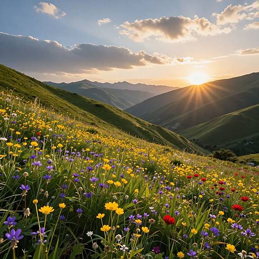 Photograph of a sunlit mountain meadow with vibrant wildflowers (yellow, purple, red, white) under a partly cloudy sky at sunset.