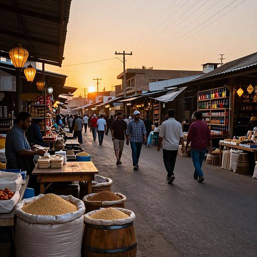 Sunset Market Scene with Lanterns