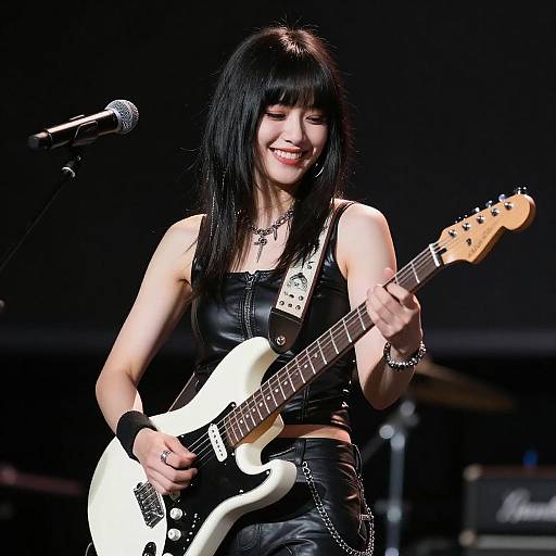 Smiling Woman Playing Electric Guitar