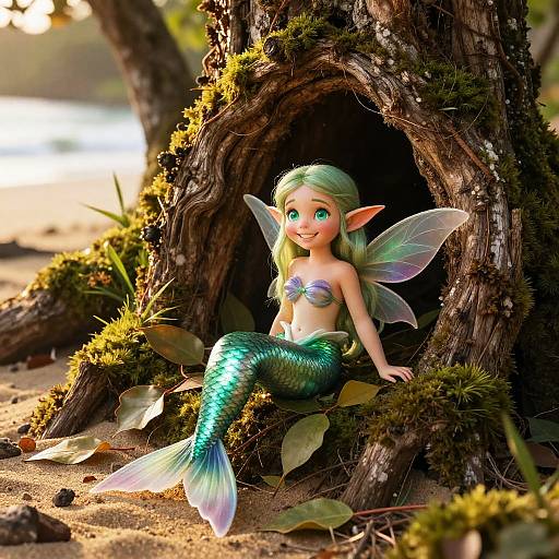 CGI image of a cute, green-haired, green-eyed mermaid fairy with iridescent wings and a shimmering green fish tail, sitting in