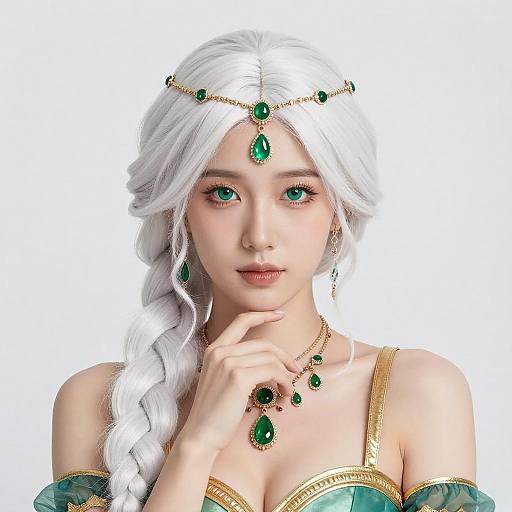 Elegant Asian Woman in Gold and Green