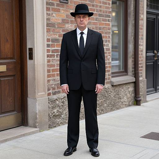 Photograph of a Caucasian man in a black suit, white shirt, black tie, and black bowler hat, standing on a city sidewalk in front