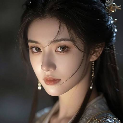 Photorealistic digital portrait of an East Asian woman with fair skin, dark hair in an ornate hairpin, delicate earrings, and soft light highlighting