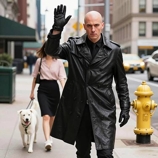 Photograph of a bald man in a black leather trench coat, black gloves, raising his hand, walking on a city street with a woman and dog