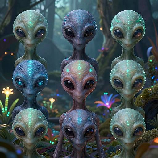 Photorealistic CGI of six glowing, alien-like creatures with large, black eyes, standing in a vibrant, bioluminescent forest.