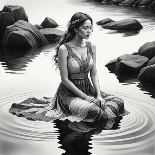 Woman in Dress Sitting on Water Among Rocks