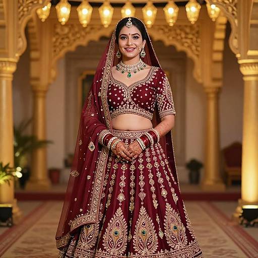 Photograph of an Indian bride in a maroon, gold-embroidered lehenga and dupatta, standing in an ornate, golden-
