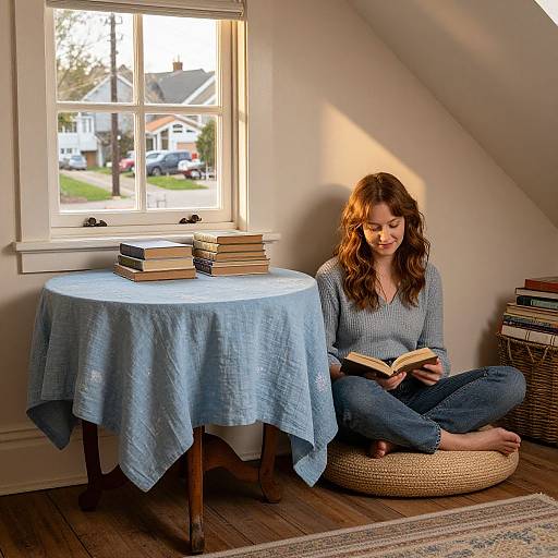 Photograph of a curly-haired woman in a gray sweater and blue jeans, reading on a woven cushion by a sunlit window.