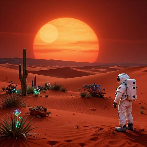 Digital art: Astronaut in white suit stands in vibrant red desert with cacti, glowing plants, and massive orange sun setting.