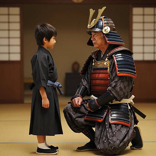 Elderly Samurai and Boy in Traditional Armor