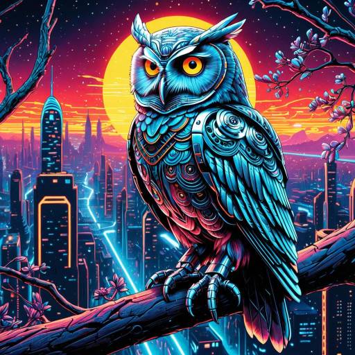 Neon Cyborg Owl in Futuristic City