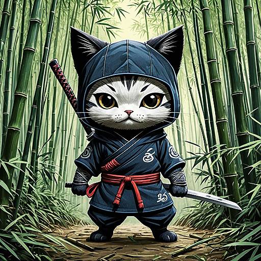 Cat Ninja in Bamboo Forest