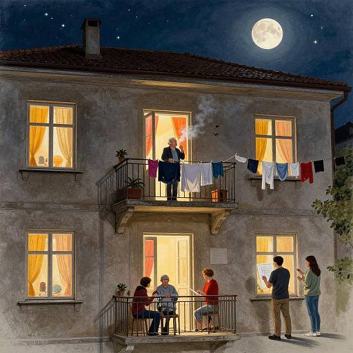 Digital illustration of a moonlit night, showing people in a two-story house with glowing windows, laundry on a balcony, and a full moon in the