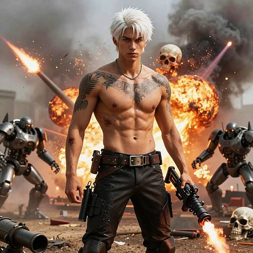  CGI image of a muscular, shirtless man with white hair, tattoos, black pants, holding a gun, standing amid explosions, soldiers, and skulls