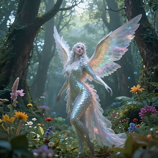 Photorealistic digital art of a silver-winged, ethereal fairy with a shimmering dress and crown, standing in a mystical forest filled with vibrant