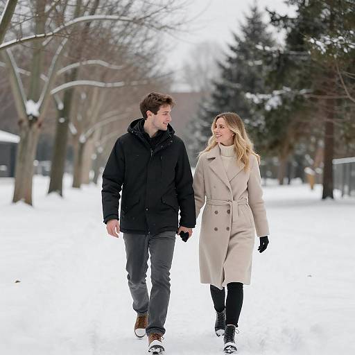 Couple Walking Through Snowy Landscape