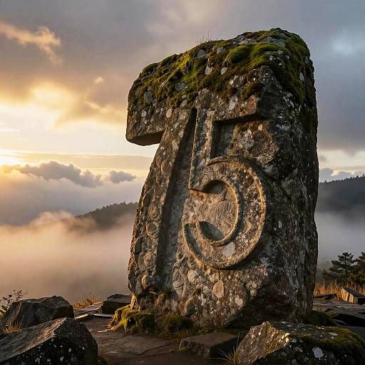 Photograph of a moss-covered ancient stone monument with large, carved numeral 