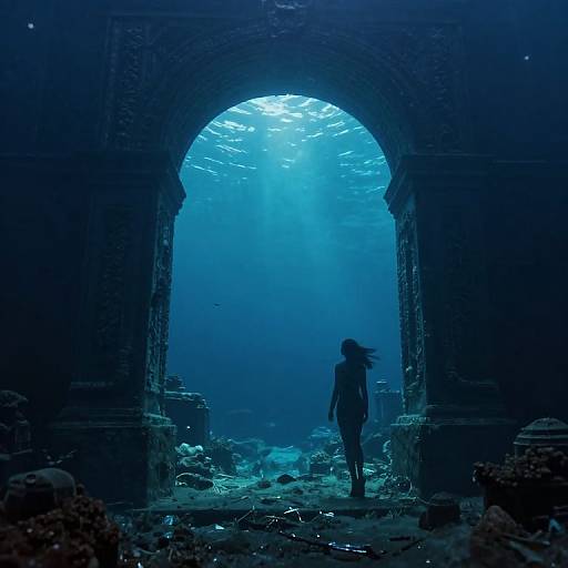 Photograph of a silhouetted diver standing under a glowing blue underwater archway, surrounded by dark ruins and illuminated by rays of sunlight.