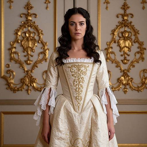 Photograph of a dark-haired woman in an ornate, cream-colored, 18th-century-style dress with lace sleeves, standing in an opulent
