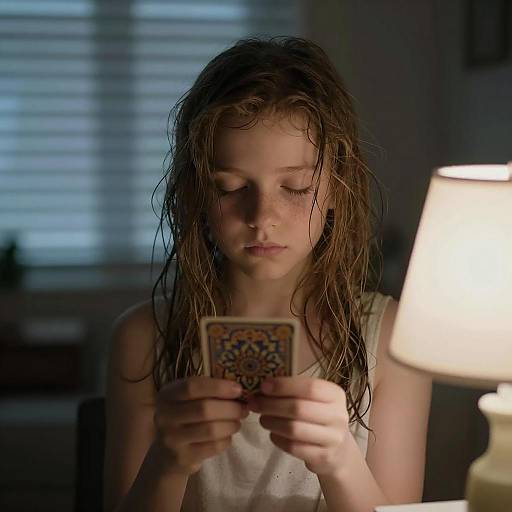 Somber Girl with Card in Dim Light