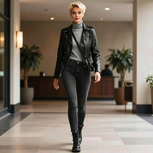 Photograph of a blonde woman with short hair, wearing a black leather jacket, gray turtleneck, black jeans, and boots, walking confidently in