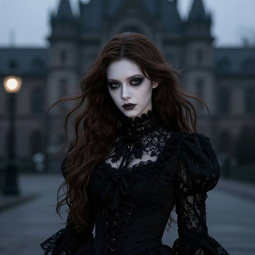Gothic-style photograph of a pale woman with long, dark red hair, black lace dress, and dramatic black makeup, standing in front of a