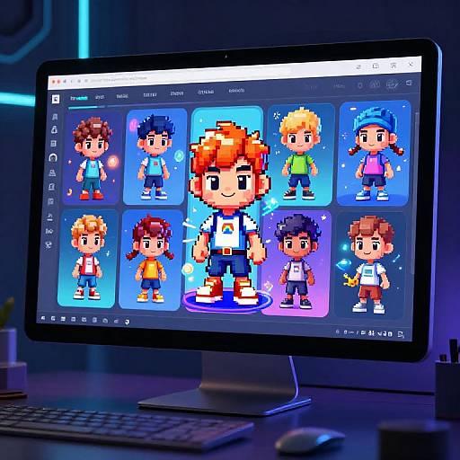 Pixel art characters on a glowing computer screen, displaying eight chibi-style kids in colorful outfits, illuminated by blue and purple lights.