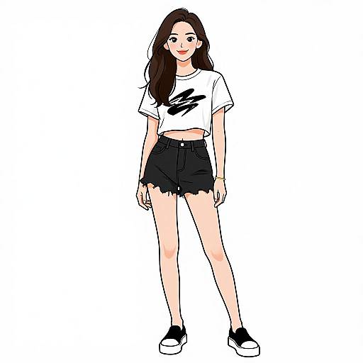 Digital drawing of a young woman with long brown hair, wearing a white crop top with a black design, black high-waisted shorts, and black