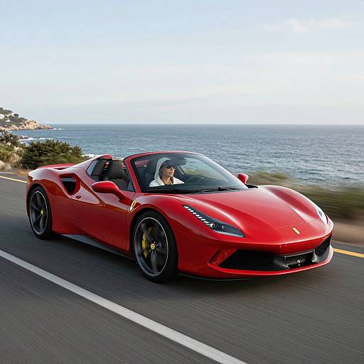 Photograph of a sleek, bright red Ferrari driving on a coastal road with a clear blue ocean in the background. Driver is wearing a white shirt,