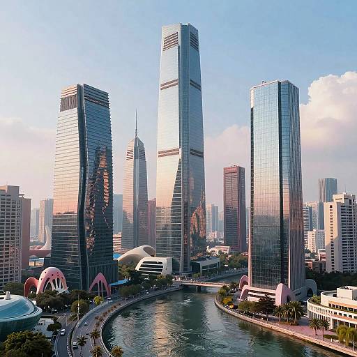 Photograph of a modern cityscape with reflective skyscrapers, a winding river, and pink dome-shaped buildings under a clear blue sky.