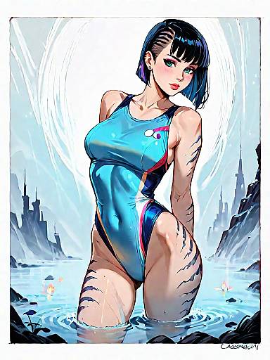 Dark Fantasy Girl in Blue High-Cut Swimsuit