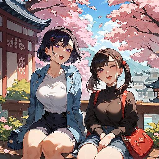 Twin Girls Sitting Under Cherry Blossoms