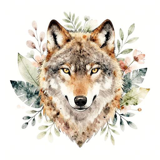 Watercolor-style digital drawing of a realistic wolf head with piercing yellow eyes, surrounded by subtle floral watercolor splashes on white background.