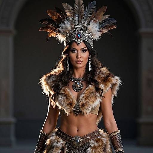 Photograph of a woman in Native American-inspired attire, wearing a large feathered headdress, fur cape, and ornate jewelry, with dramatic lighting