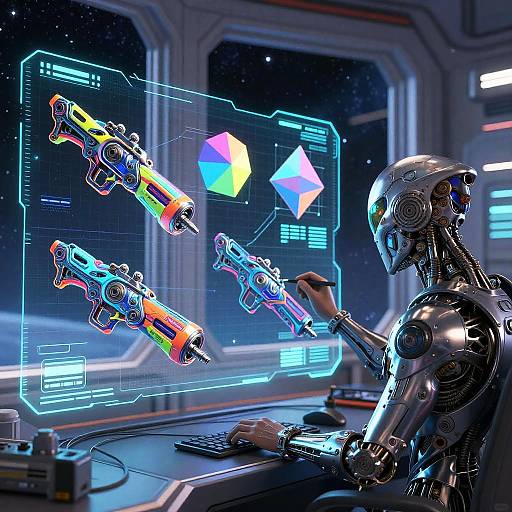 Cyberpunk robot operator in futuristic spaceship, controlling colorful, floating drones and cubes on holographic screens, illuminated by neon blue lights.