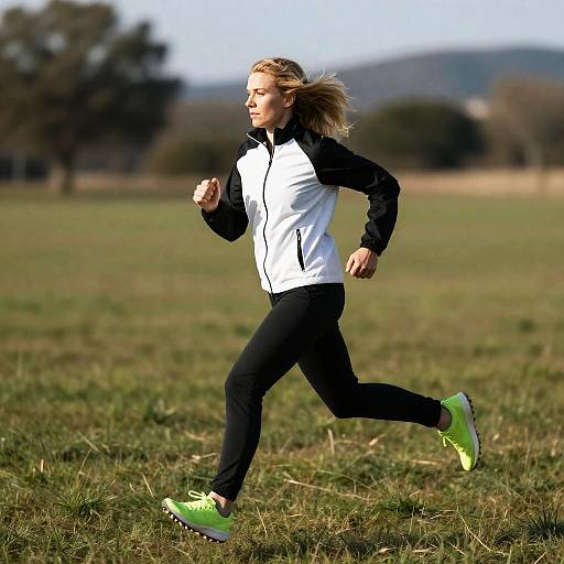Focused Blonde Woman Running in Nature