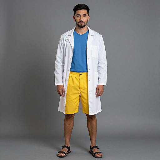 Photograph of a bearded man with short dark hair, wearing a white lab coat over a blue shirt, yellow shorts, and black sandals, standing