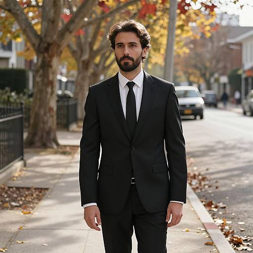 Photograph of a bearded man with dark hair in a black suit and tie, standing on a sunlit autumn street with colorful leaves.