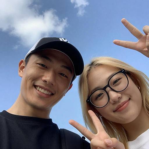 Happy Young Couple Making Peace Signs Outdoors