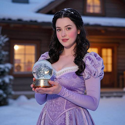 Photograph of a fair-skinned woman with dark, wavy hair, wearing a lavender, Victorian-style dress, holding a snow globe, in a