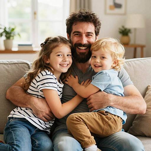 Sunlit Smiling Father with Kids