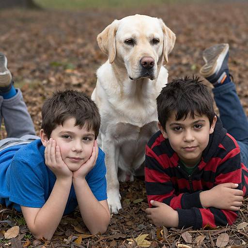 Children and Labrador on Autumn Leaves