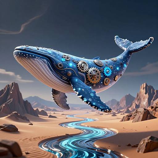 Digital artwork of a blue, gear-adorned whale soaring above a glowing river in a desert landscape with jagged mountains.