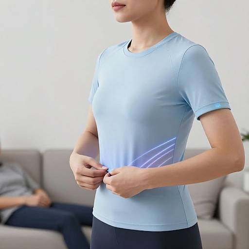 Photograph of an Asian woman in a light blue, form-fitting athletic shirt, standing and slightly bending her elbows, with a blurred background of a
