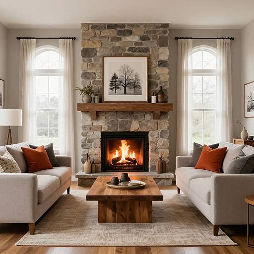 Cozy living room photograph featuring two light gray sofas with red and gray pillows, stone fireplace with burning fire, wooden coffee table, and arched windows