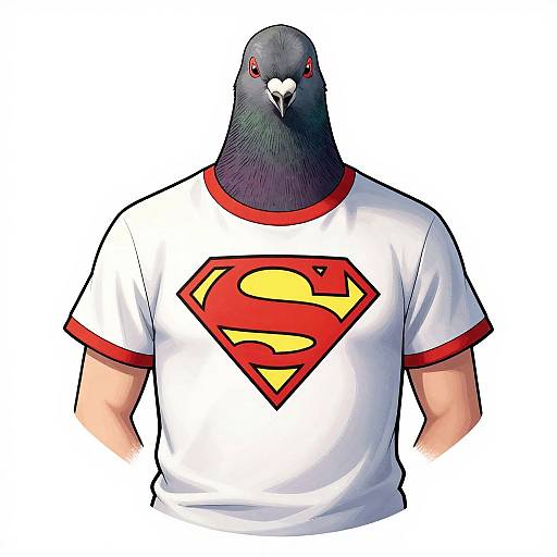 Digital illustration of a black pigeon with red eyes, wearing a white Superman T-shirt with a red and yellow 